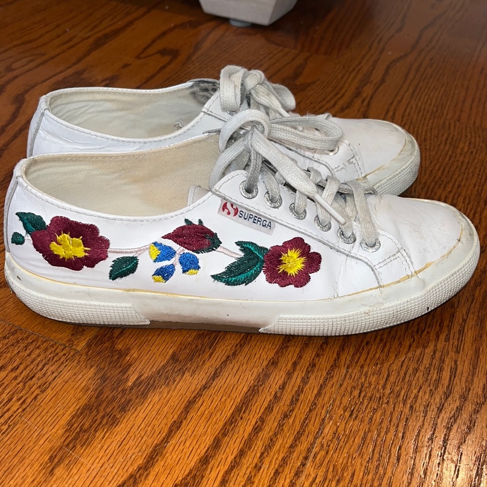 Superga Leather Floral Embroidered Sneakers